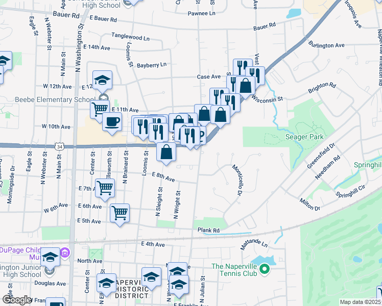 map of restaurants, bars, coffee shops, grocery stores, and more near 686 East Ogden Avenue in Naperville