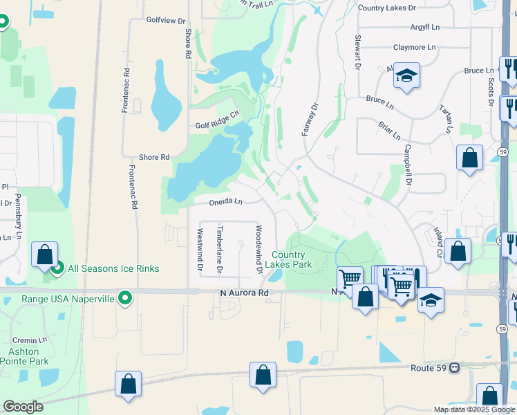 map of restaurants, bars, coffee shops, grocery stores, and more near 2416 Oneida Lane in Naperville