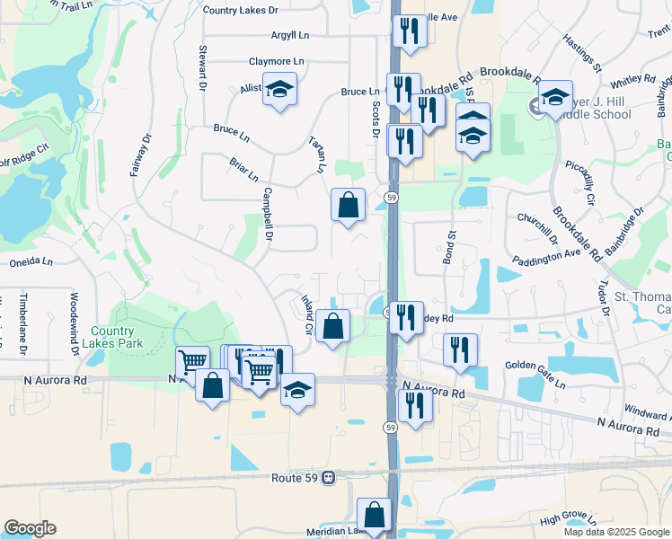 map of restaurants, bars, coffee shops, grocery stores, and more near 784 Inland Circle in Naperville