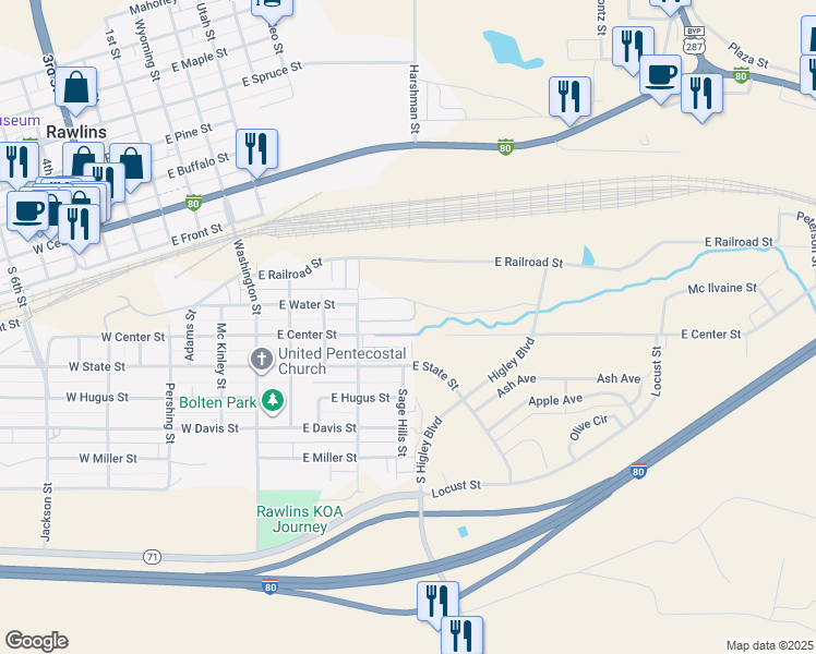 map of restaurants, bars, coffee shops, grocery stores, and more near 211 Monroe Street in Rawlins