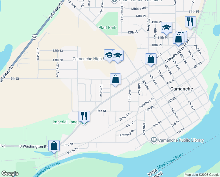 map of restaurants, bars, coffee shops, grocery stores, and more near 1600 7th Street in Camanche