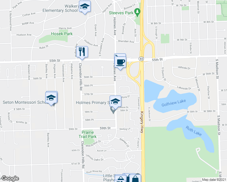 map of restaurants, bars, coffee shops, grocery stores, and more near 16W608 57th Street in Clarendon Hills