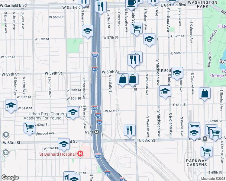 map of restaurants, bars, coffee shops, grocery stores, and more near 6005 South La Salle Street in Chicago