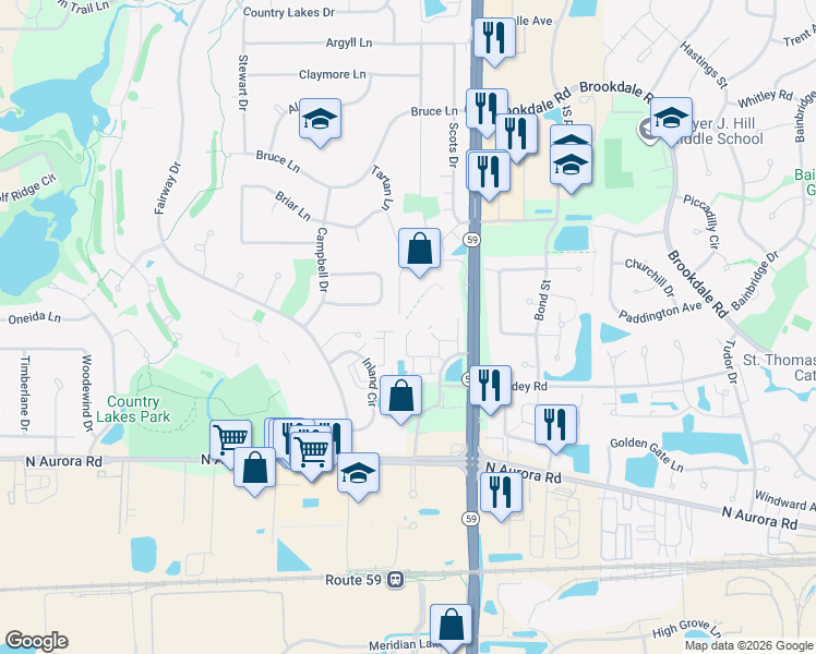 map of restaurants, bars, coffee shops, grocery stores, and more near 1025 Neudearborn Lane in Naperville