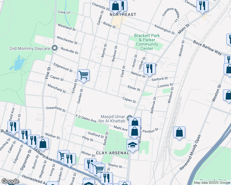 map of restaurants, bars, coffee shops, grocery stores, and more near 7 Clark Street in Hartford