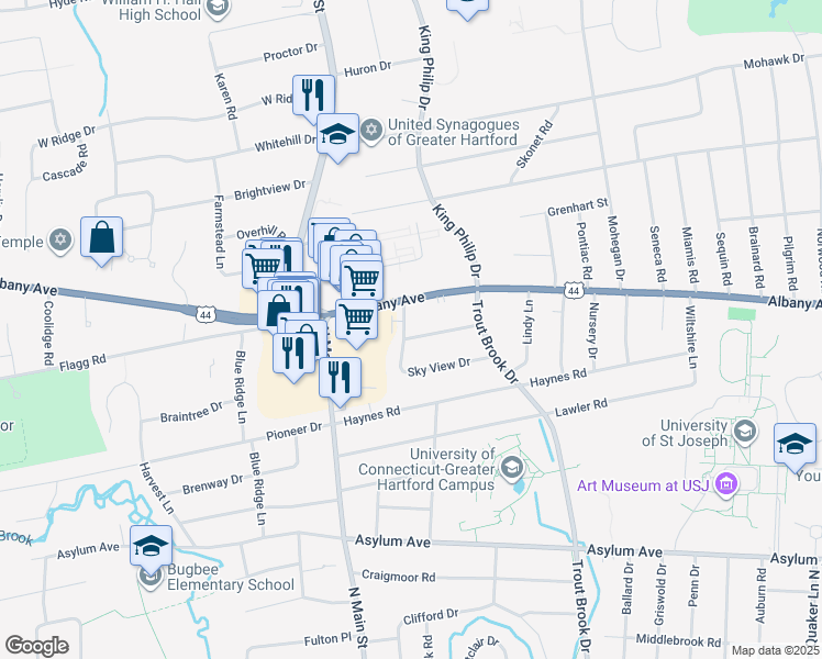 map of restaurants, bars, coffee shops, grocery stores, and more near 30 Pinecrest Road in West Hartford