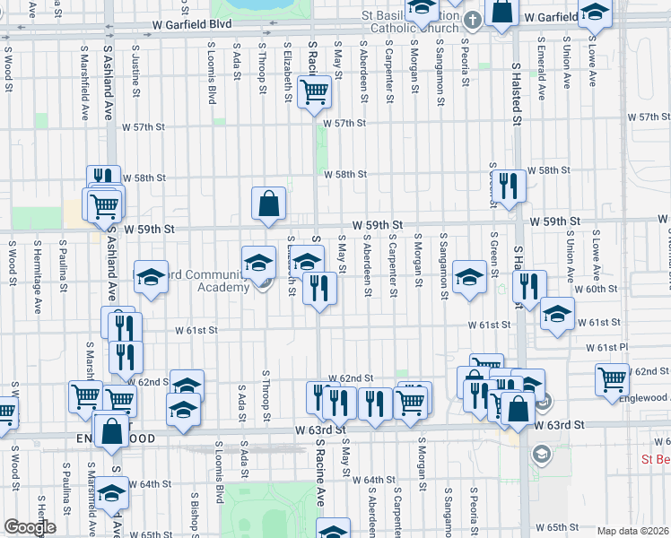 map of restaurants, bars, coffee shops, grocery stores, and more near 5948 South May Street in Chicago