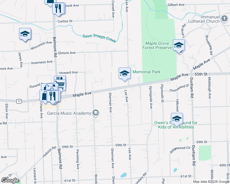 map of restaurants, bars, coffee shops, grocery stores, and more near 1819 Maple Avenue in Downers Grove