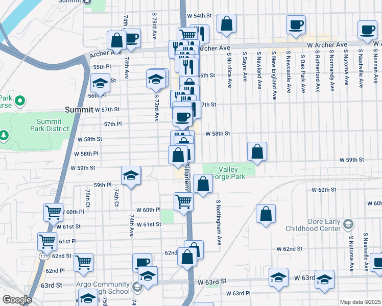map of restaurants, bars, coffee shops, grocery stores, and more near 5839 South Harlem Avenue in Chicago
