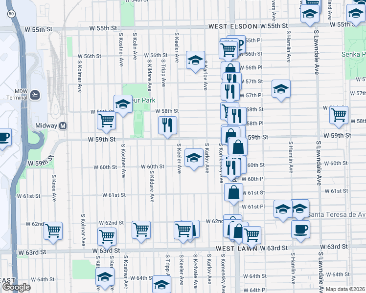 map of restaurants, bars, coffee shops, grocery stores, and more near 5917 South Keeler Avenue in Chicago