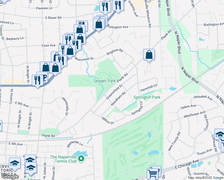 map of restaurants, bars, coffee shops, grocery stores, and more near 1149 Greensfield Drive in Naperville