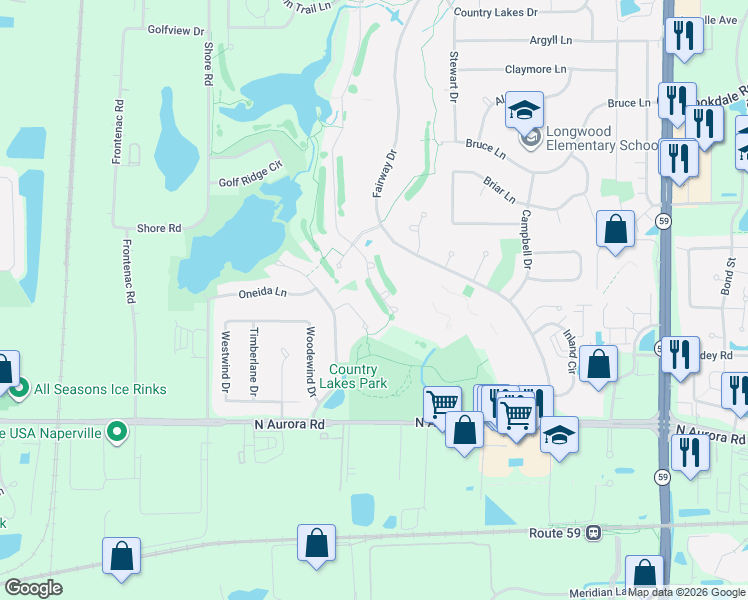 map of restaurants, bars, coffee shops, grocery stores, and more near 1327 Bayou Path Court in Naperville