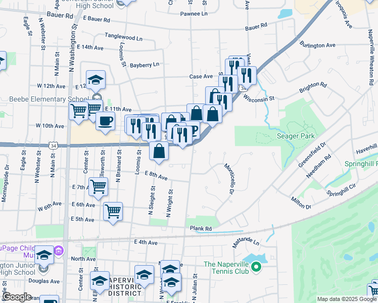 map of restaurants, bars, coffee shops, grocery stores, and more near 686 East Ogden Avenue in Naperville