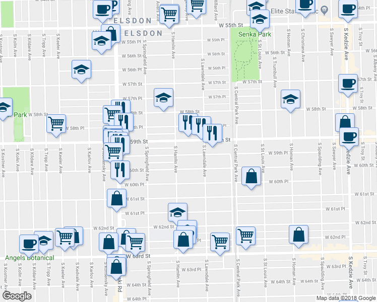 map of restaurants, bars, coffee shops, grocery stores, and more near 3732 West 59th Place in Chicago