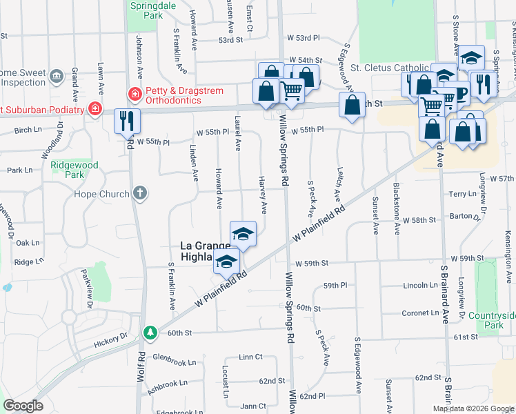 map of restaurants, bars, coffee shops, grocery stores, and more near 5726 Harvey Avenue in La Grange Highlands