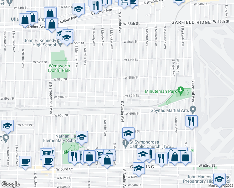 map of restaurants, bars, coffee shops, grocery stores, and more near 6014 West 59th Street in Chicago