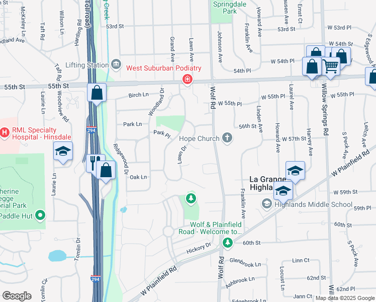map of restaurants, bars, coffee shops, grocery stores, and more near 5703 Lawn Drive in Western Springs