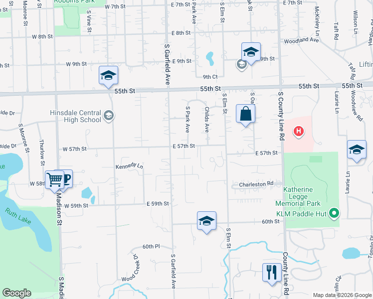 map of restaurants, bars, coffee shops, grocery stores, and more near 5707 Sutton Place in Hinsdale