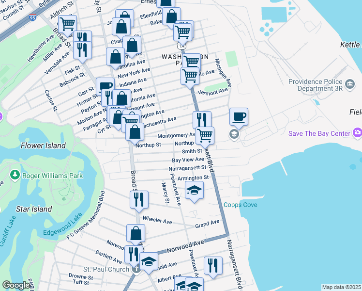 map of restaurants, bars, coffee shops, grocery stores, and more near 268 Northup Street in Cranston