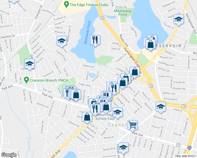 map of restaurants, bars, coffee shops, grocery stores, and more near 231 Eldridge Street in Cranston