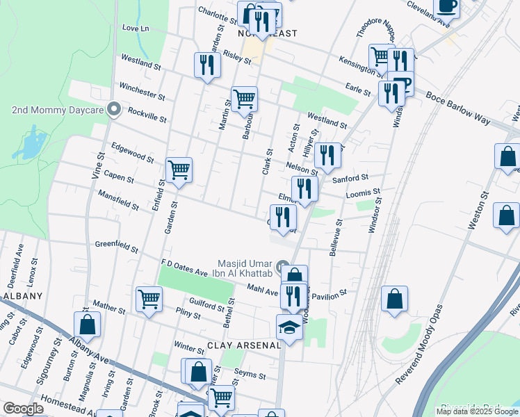 map of restaurants, bars, coffee shops, grocery stores, and more near 25 Clark Street in Hartford