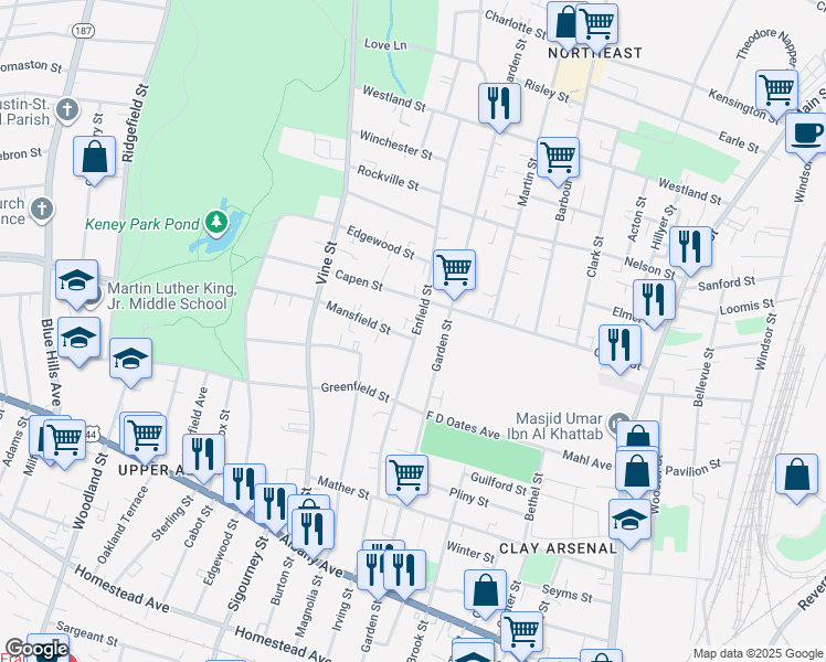 map of restaurants, bars, coffee shops, grocery stores, and more near 150 Enfield Street in Hartford