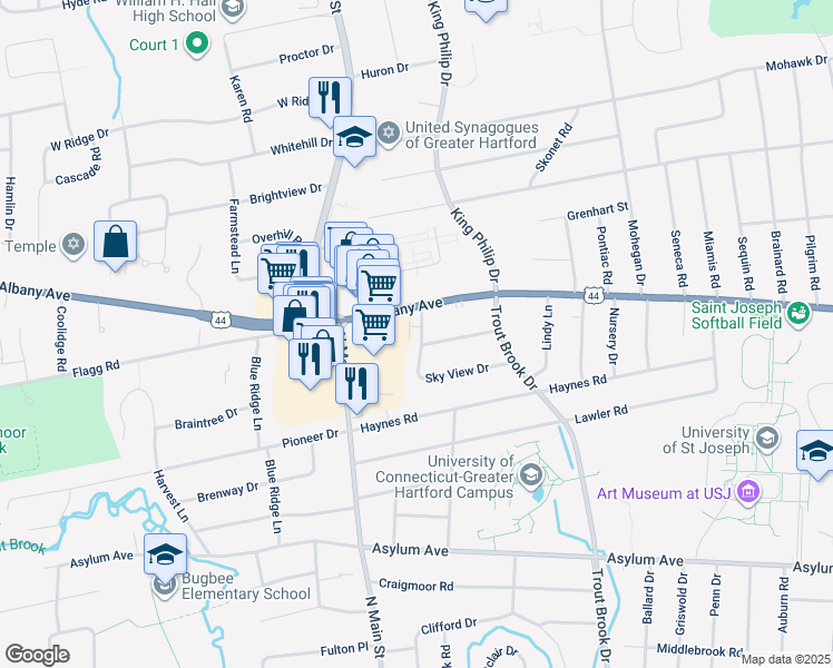 map of restaurants, bars, coffee shops, grocery stores, and more near 61 Sky View Drive in West Hartford