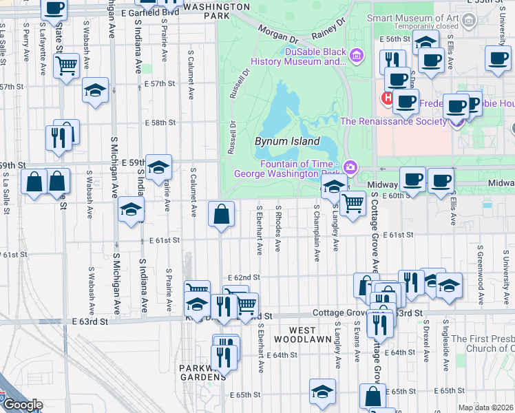 map of restaurants, bars, coffee shops, grocery stores, and more near 6006 South Eberhart Avenue in Chicago