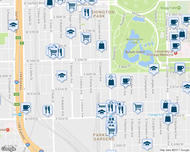 map of restaurants, bars, coffee shops, grocery stores, and more near 313 East 60th Street in Chicago