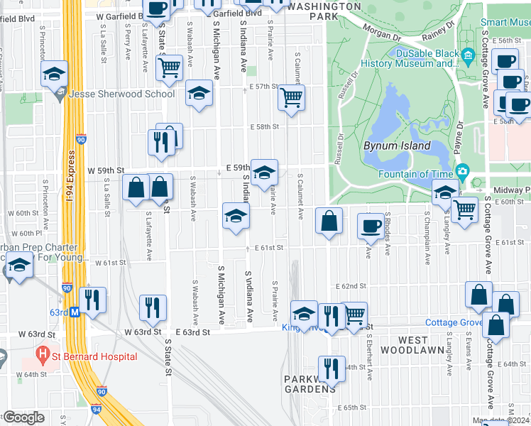 map of restaurants, bars, coffee shops, grocery stores, and more near 2275 East 60th Street in Chicago