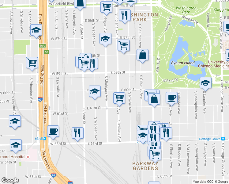 map of restaurants, bars, coffee shops, grocery stores, and more near 6000 South Indiana Avenue in Chicago