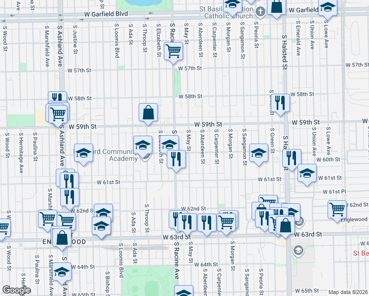 map of restaurants, bars, coffee shops, grocery stores, and more near 5948 South May Street in Chicago