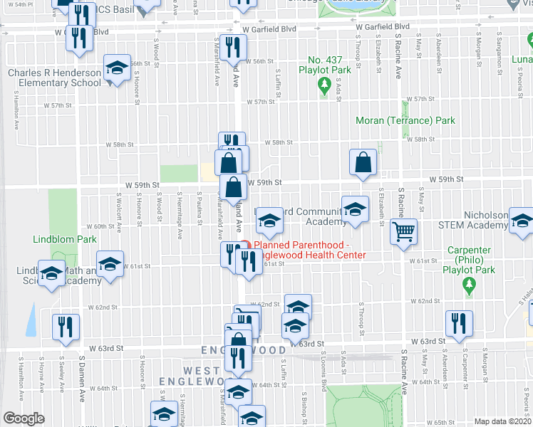 map of restaurants, bars, coffee shops, grocery stores, and more near 5943 South Justine Street in Chicago