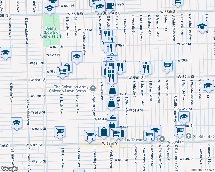 map of restaurants, bars, coffee shops, grocery stores, and more near 5926 South Kedzie Avenue in Chicago