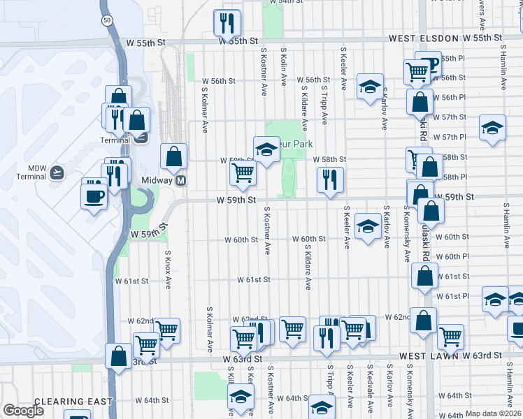 map of restaurants, bars, coffee shops, grocery stores, and more near 5911 South Kenneth Avenue in Chicago
