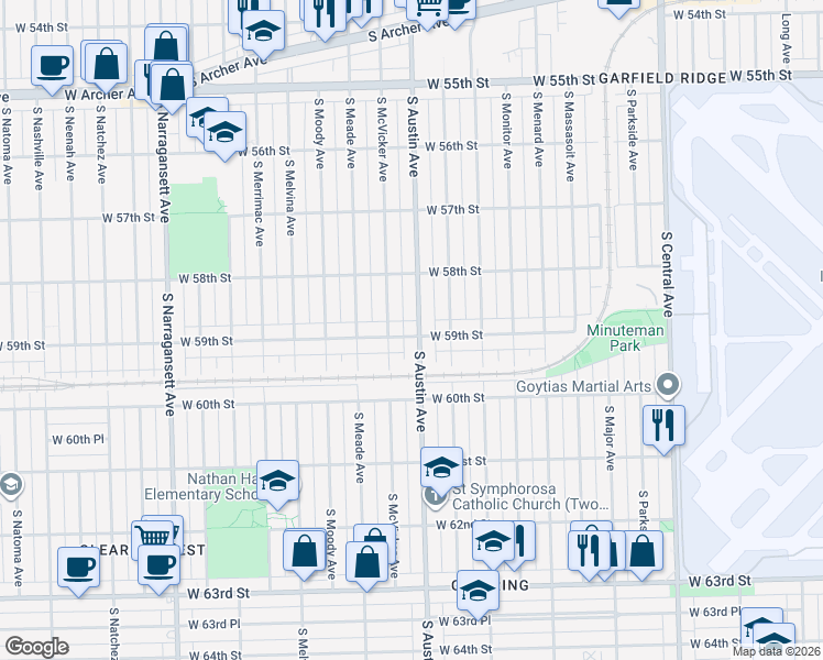map of restaurants, bars, coffee shops, grocery stores, and more near 6014 West 59th Street in Chicago