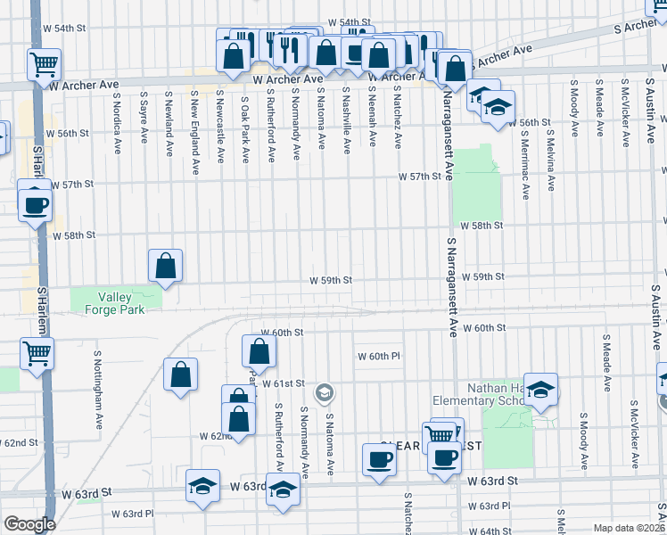map of restaurants, bars, coffee shops, grocery stores, and more near 5841 South Natoma Avenue in Chicago