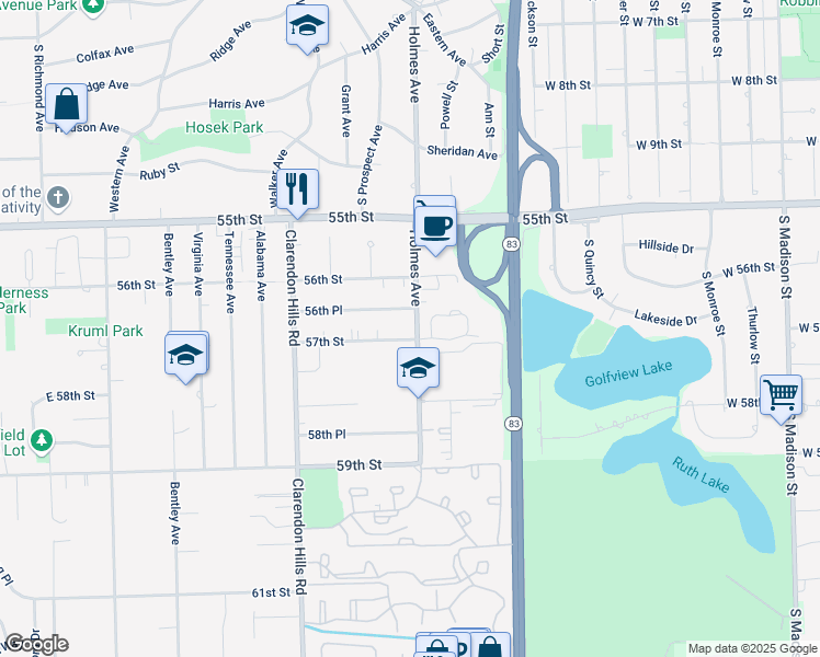 map of restaurants, bars, coffee shops, grocery stores, and more near 16W608 57th Street in Clarendon Hills
