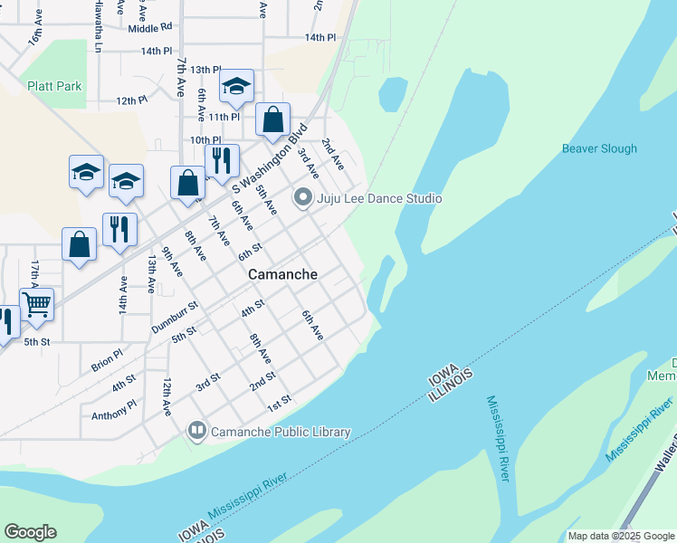 map of restaurants, bars, coffee shops, grocery stores, and more near 408 4th Street in Camanche