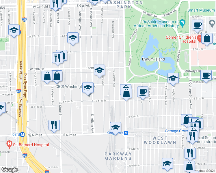 map of restaurants, bars, coffee shops, grocery stores, and more near 313 East 60th Street in Chicago