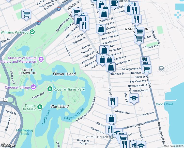 map of restaurants, bars, coffee shops, grocery stores, and more near 94 Cyr Street in Cranston