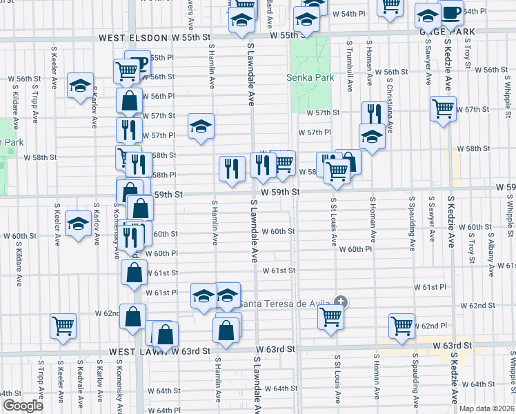 map of restaurants, bars, coffee shops, grocery stores, and more near 3656 West 59th Place in Chicago