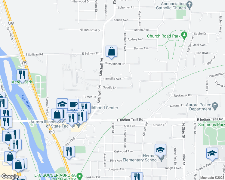 map of restaurants, bars, coffee shops, grocery stores, and more near 571 Saddle Lane in Aurora
