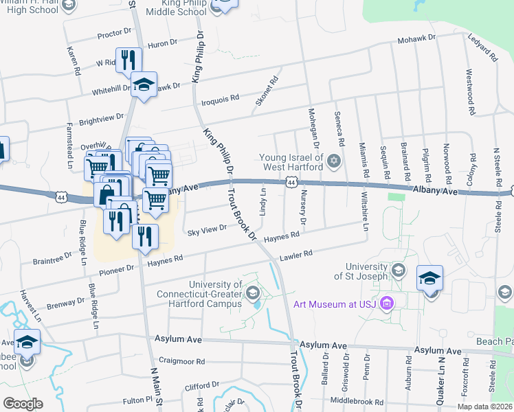 map of restaurants, bars, coffee shops, grocery stores, and more near 15 Lindy Lane in West Hartford
