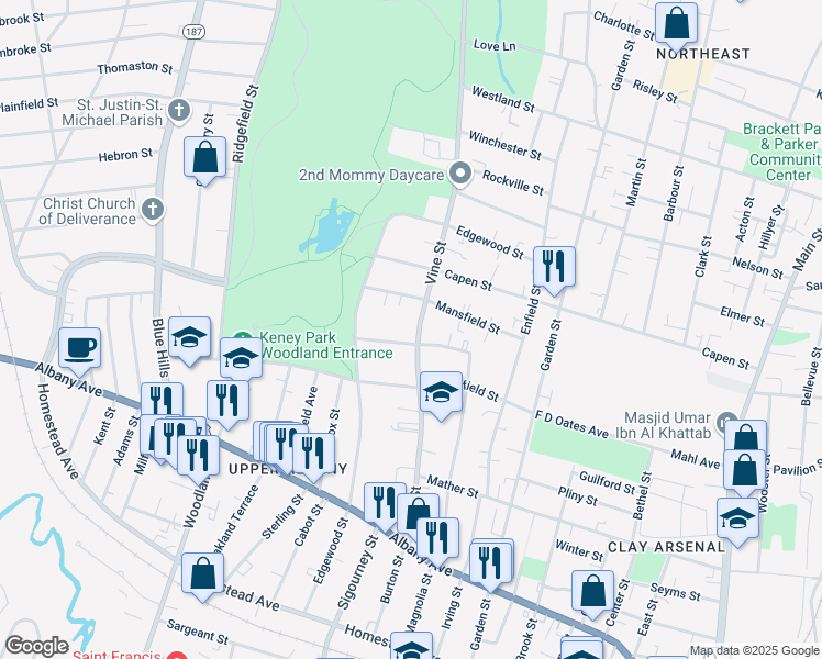 map of restaurants, bars, coffee shops, grocery stores, and more near 185 Vine Street in Hartford