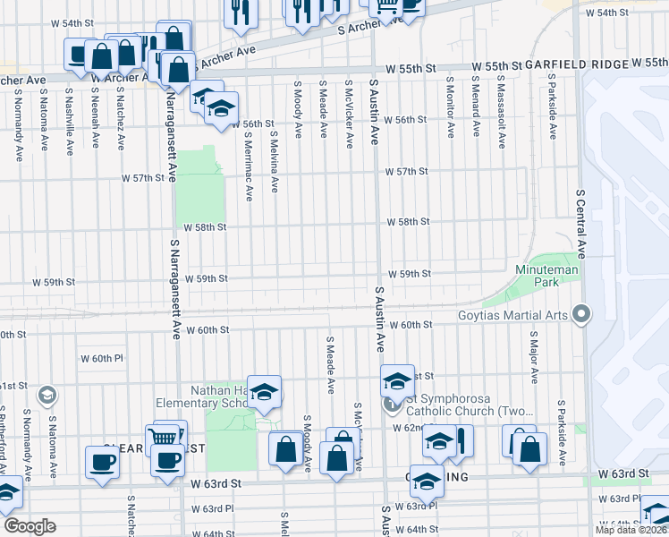 map of restaurants, bars, coffee shops, grocery stores, and more near 6056 W 59th St in Chicago