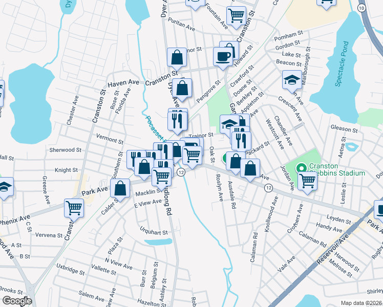 map of restaurants, bars, coffee shops, grocery stores, and more near 156 Duckworth Street in Cranston