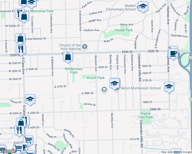 map of restaurants, bars, coffee shops, grocery stores, and more near 5646 Western Avenue in Clarendon Hills