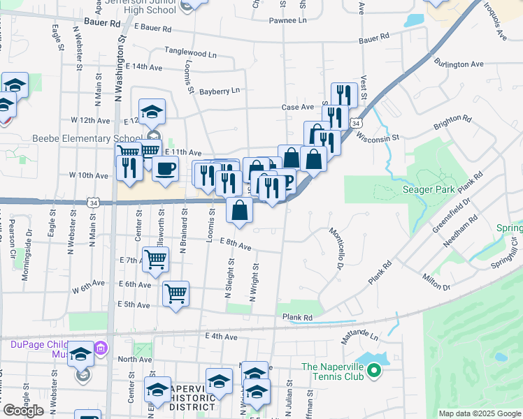 map of restaurants, bars, coffee shops, grocery stores, and more near 614 East Ogden Avenue in Naperville