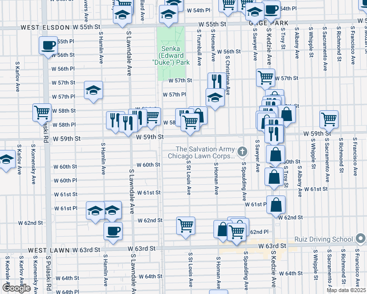 map of restaurants, bars, coffee shops, grocery stores, and more near 3508 West 59th Place in Chicago